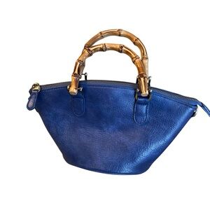 Joy Susan Millie Bamboo Handle Blue Vegan Leather Bag Purse